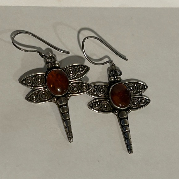Dragonfly Silver and Amber Earrings - Picture 6 of 8